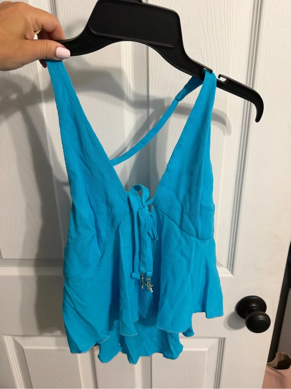 No Boundaries Turquoise Blue Two-Piece Swim Coverup with gold starfish accents.